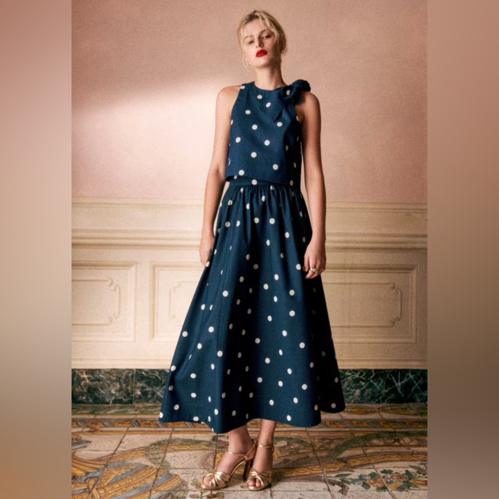 NWT Sezane Sophie skirt in ecru dots navy background